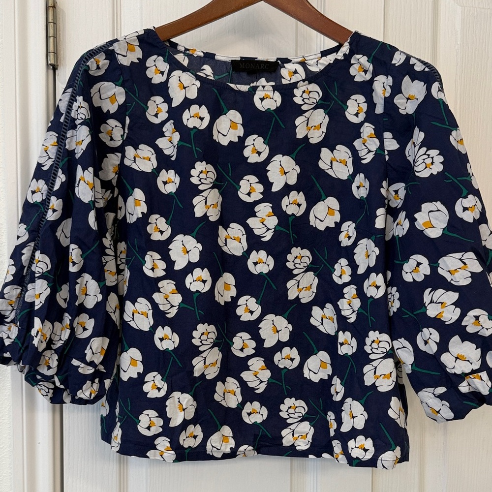 Monarc Navy Floral Puff Sleeve Blouse – Women’s Medium, Spring Top